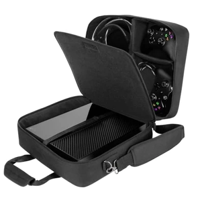 Image of USA GEAR Console Carrying Case Xbox Travel Bag Compatible with One and 360 Water Resistant Exterior Accessory Storage for Controllers, Cables, Gaming Headsets Black