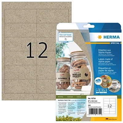 Image of HERMA Self Adhesive Multipurpose Labels, 12 Labels per A4 Sheet, 20 Sheets, 97 x 42.3 mm, 240 Blank Universal Stickers, Sticky Silphie for Laser &amp; Inkjet Printer, Natural Brown