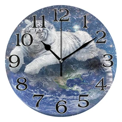 Image of linomo Galaxy Space Earth Tiger Wall Clock Decor, Silent Non Ticking Round Quiet for Kitchen Living Room Bedroom Bathroom Office