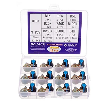 Image of BOJACK 10 Values 12 Pcs B1K B1M Ohm Knurled Shaft 3 Terminals Linear Taper Rotary Potentiometer(WH148) Single Turn Carbon Film Variable Resistor Assortment Kit