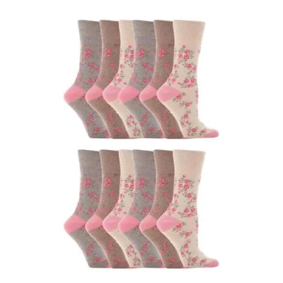 Image of Gentle Grip 12 pack ladies patterned wide top socks in 20 styles (GG33)