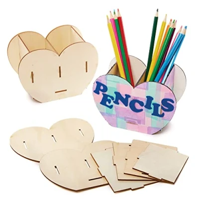 Image of Baker Ross FX498 Heart Wooden Pen Pot Kits Pack of 3, Valentines Wood Craft for Kids