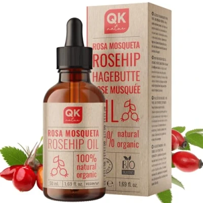 Image of Rosehip Oil 100% Pure Organic Vegan 50 ml glass bottle for Scars and Stretch Marks Anti wrinkle aging BIO Cold Pressed