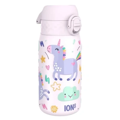 Image of Ion8 Kids Water Bottle, Steel 400 ml/13 oz, Leak Proof, Easy to Open, Secure Lock, Dishwasher Safe, Flip Cover, Carry Handle, Clean, Durable, Metal Raised Print,Unicorns Design