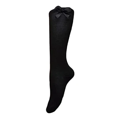 Image of Waddington &amp; Holmes Stores 4 PAIRS GIRLS BOW KNEE HIGH SOCKS SCHOOL SOCKS/DRESS Black Grey White Navy 65% Cotton (Uk 6 8.5 Eur 23 26, Black)