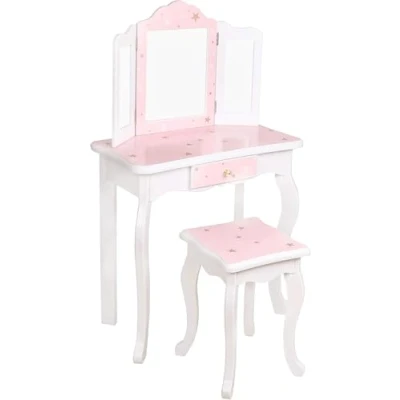 Image of HYGRAD® Girls Wooden Dressing Make Up Table With Stool Princess Themed Mirror &amp; Vanity (Pink Table)