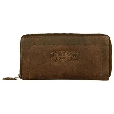 Image of J. Wilson London Ladies RFID Safe Designer Leather Purse Card Women Wallet Zip Pocket Boxed Distressed Brown