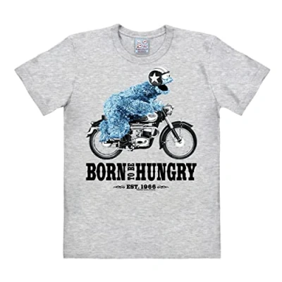 Image of Logoshirt® Sesame Street I Cookie Monster Motorcycle Born to Be Hungry Print T Shirt Men &amp; Women Short Sleeve Grey Licensed Original Design Size L