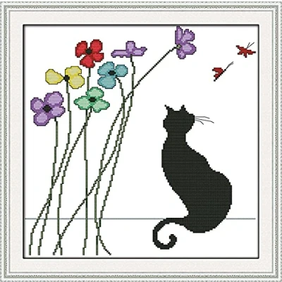 Image of Cross Stitch Kits, Awesocrafts Black Cat and Flowers Easy Patterns Stitching Embroidery Kit Supplies, Stamped (Cat, Stamped)