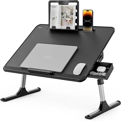 Image of Laptop Desk, SAIJI 60 * 40cm Bed Table, Lapdesk, Height Angle adjustable, with Book Stand, Drawer, Tablet Slot, Breakfast Tray for Sofa,