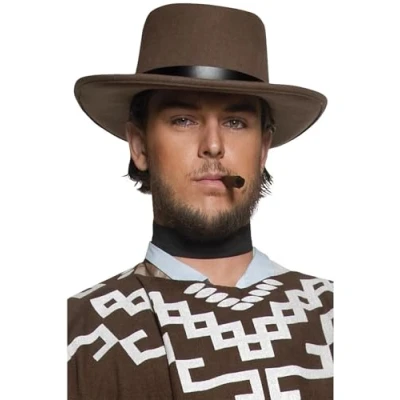 Image of Smiffys Authentic Western Wandering Gunman Hat, Brown with Black Rim, Cowboys and Indians Fancy Dress, Adult Dress Up Hats