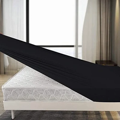 Image of Fitted Sheet Single Black Jersey Cotton Bed Deep Pocket Bedding 4 Way Stretch Sheets Shrinkage and Fade Resistant. (100x200cm).