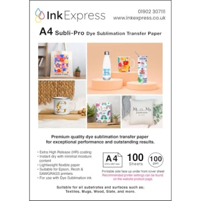 Image of Ink Express Subli Pro A4 100gsm Dye Sublimation Transfer Paper Compatible with EPSON, SAWGRASS, RICOH, Brother Printers (100 Sheets)