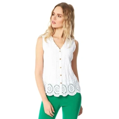Image of Roman Originals Crinkle Top for Women UK Ladies Embroidered Blouse 100% Cotton Lace Eyelet Shirt Cami Tunic Vest Sleeveless Short Sleeve Casual Notch Neck Broderie Anglaise White Size 10