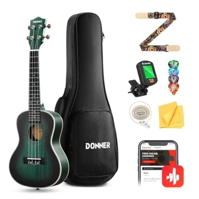Image of Donner Concert Ukulele Mahogany 23 inch, Gradient Color Design, Professional Ukelele Beginner Kit for Adults Kids with Online Lesson Bag Aquila String Pick Tuner Strap Cloth (DUC 100, Blue)