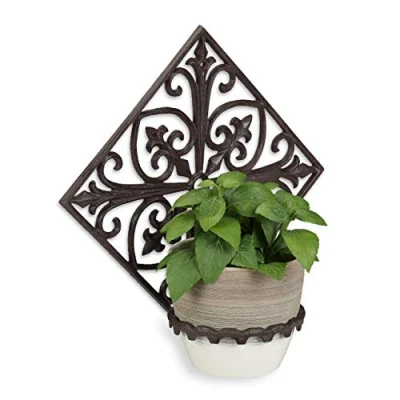 Image of Relaxdays Set of 2 Wall Flower Racks, Cast Iron, Antique, Garden Plant Holder, Ø 13 cm, Decorative, Ornate, Dark Brown
