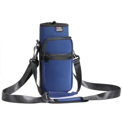 Image of Nuovoware Water Bottle Carrier Bag, 40oz Pouch Holder, Adjustable Shoulder Hand Strap 2 Pocket Sling Neoprene Sleeve Sports Accessories for Hiking Travelling, Indigo