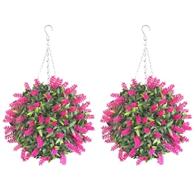 Image of Best Artificial Pair of 28cm Pink Lavender Flower Balls Lush Long Leaf Topiary Grass **UV Fade Protected**