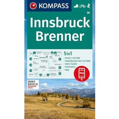 Image of KOMPASS Wanderkarte 36 Innsbruck, Brenner 1:50.000: 5in1 mit Panorama, Aktiv Guide und Detailkarten inklusive Karte zur offline Verwendung in der App. Fahrradfahren. Skitouren.
