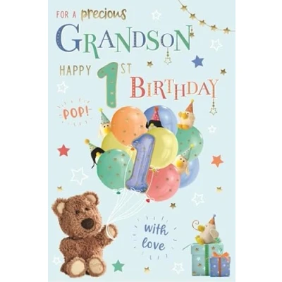 Image of ICG Grandson 1st Birthday Card for Boys Barley Bear and Balloons with an Embossed Foil Finish