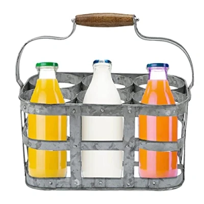 Image of Almineez Galvanised Nostalgia 6 Milk Bottle Holder Metal Wire Tidy Farmhouse Crate Rack Carry Carrier Doorstep Store Drink Beer Wine Kitchen Storage Organiser Caddy with Integrated Handle