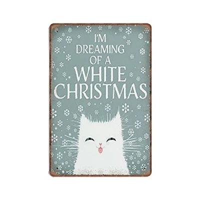 Image of DAIERCY White Cat Christmas Tin Signs Funny Vintage Metal Sign Plaqu Poster Wall Art Pub Bar Kitchen Garden Bathroom Home Decor, 140 X 200 mm