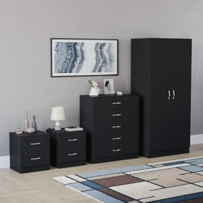 Image of Vida Designs Riano 4 Piece Bedroom Furniture Sets, 2 Door Wardrobe, 5 Drawer Chest &amp; Bedside Cabinets (Black)