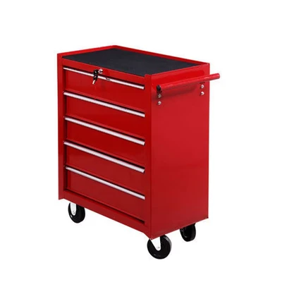 Image of HOMCOM 5 Drawer Tool Box, Lockable Steel Chest on Wheels, Rolling Cabinet with Drawers and Handle for Workshop, Garage, Red