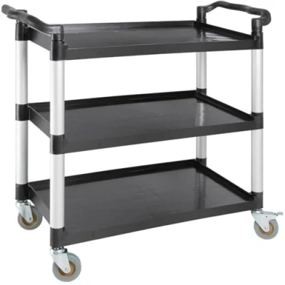 Image of 3 Tier Mobile Polypropylene Trolley Black 180 kg Capacity, Size: 1070 x 960x520mm, Kitchen Storage Cart Including 2x Braked &amp; Plain Easy Fit Castors for use in Catering, DIY Housekeeping.