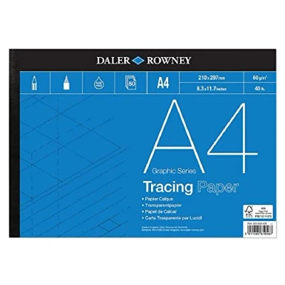 Image of Daler Rowney Graphic Series Smooth Surface 90gsm A4 Tracing Paper Pad, Glued 1 Side, Ideal for Professional Artists &amp; Students
