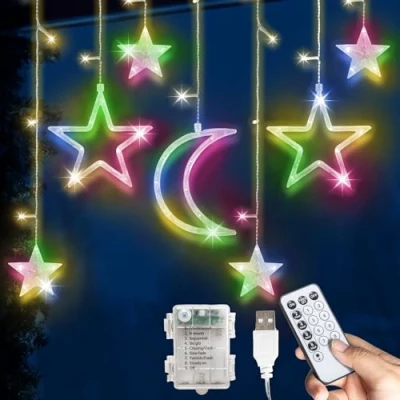 Image of GloBrite Curtain Lights with 138 LED Battery Operated Star &amp; Moon Christmas Window Fairy 8 Modes Memory Function for Decorations