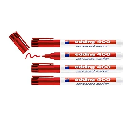 Image of edding 400 permanent marker red 4 pens fine round nib 1 mm waterproof, quick drying, smear proof for cardboard, plastic, wood, metal, glass and fabric