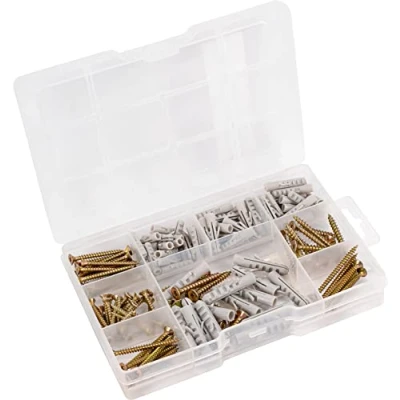 Image of Connex DP8500126 Wood Screws and Dowels Assortment 155 Pieces Various Sizes Countersunk Torx Drive Full Thread Galvanised Screw Set with Box