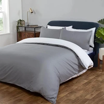 Image of Brentfords Single Duvet Cover Set Plain Dye Reversible Quilt with Pillowcase Bedding Set, Grey White