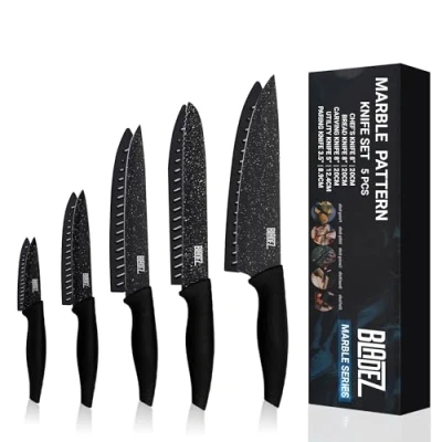 Image of Bladez Professional Kitchen Knife Set, 5 Pcs Stainless Steel Knives Set with Ultra Sharp Blade and Soft Handle, Includes Chef, Bread, Carving, Utility Paring Knife, All in a Gift Box