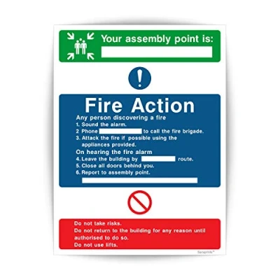 Image of Pack of 1 Fire Action Notice Sign Self Adhesive (150 x 200 mm) for Safety Sara Prints®