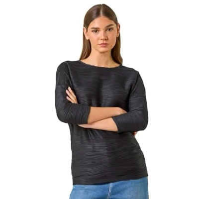 Image of Roman Womens Wave Textured Stretch Top Black Size 12 UK
