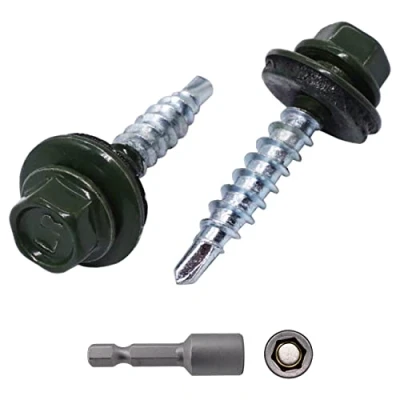 Image of Marcopol (Pack of 50 pcs) Metal Roofing Screws, 4.8 x 35 mm Painted Self Drilling Screws With EPDM Washers, Sheet Hex Screw (50, Chrome Green RAL 6020)