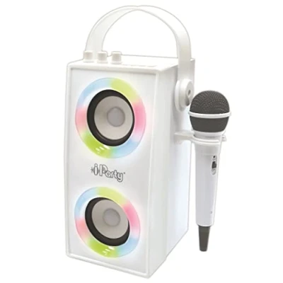 Image of LEXIBOOK BTP180Z iParty Portable Bluetooth Speaker for ages 3+ with Microphone, Light Effects, Karaoke, Wireless, USB, SD Card, Rechargeable Battery, White
