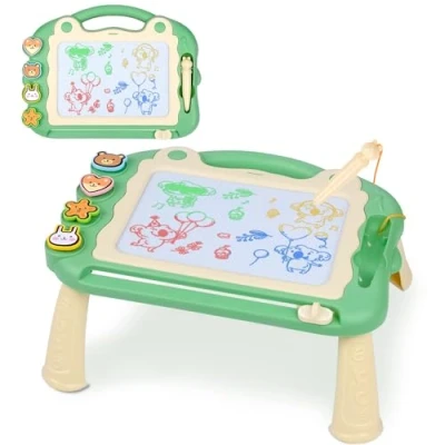 Image of Sarsumir Magnetic Drawing Board, 30x23cm 4 Colors Doodle Scribble Board Erasable Sketch Writing Pad with 4Stamps &amp; Removable Legs Educational Toy for 2 3 5 6 Year Old Boys Girls Kids, Green