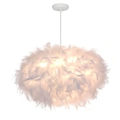 Image of 45cm/17.8&quot; Ellipsoid White Feather Pendent Light Lampshade Ceiling Fixture Chandelier for Living Room, Bedroom, Dining Room