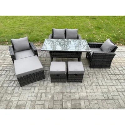 Image of Fimous 7 Seater PE Wicker Outdoor Garden Furniture Set Patio Rattan Rectangular Dining Table Lounge Sofa with 3 Footstools