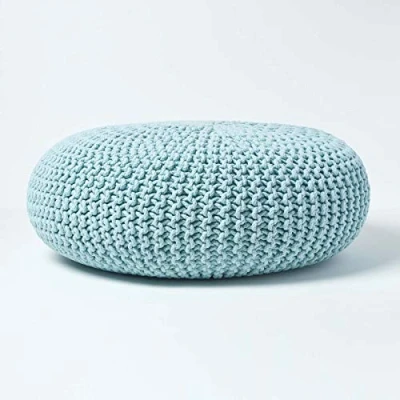 Image of HOMESCAPES Pastel Blue Knitted Pouffe Footstool Occasional Seat Bean Filled 100% Cotton for Living Room Children or the Elderly