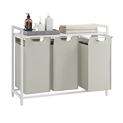 Image of VASAGLE Laundry Basket, 3 Compartment Hamper, Pull Out and Removable Bags, Sorter, Shelf, Metal Frame, x 38L, 92.5 33 72 cm, White BLH301W01