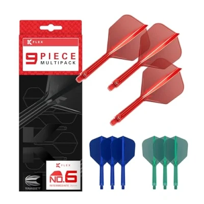 Image of TARGET Darts K Flex Integrated Dart Flights and Shafts, Intermediate Stem (26mm), No.6 Flight, 9 pack Bundle, Red, Blue &amp; Green