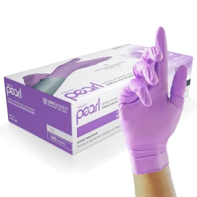 Image of Unigloves Violet Pearl Nitrile Examination Gloves Multipurpose, Powder Free and Latex Disposable Box of 100 Gloves, Violet, Medium (GP0073)