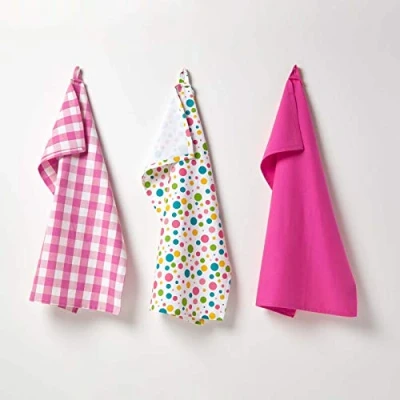 Image of HOMESCAPES Pure Cotton Tea Towels Set of Three Polka Dot Multi Colour Pink Yellow Blue Green 50 x 70 cm Fully Coordinated Washable Kitchen Linen