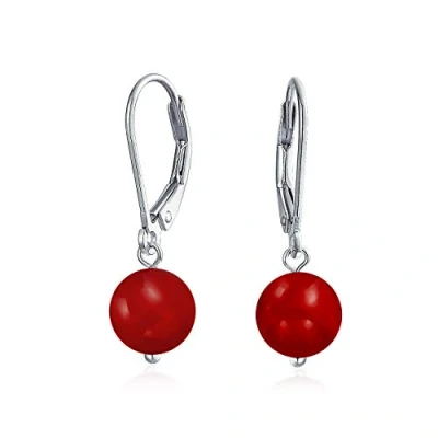 Image of Simple Plain Gemstone Dyed Red Natural Coral Ball Round Drop Dangle Earrings For Women Teen .925 Sterling Silver