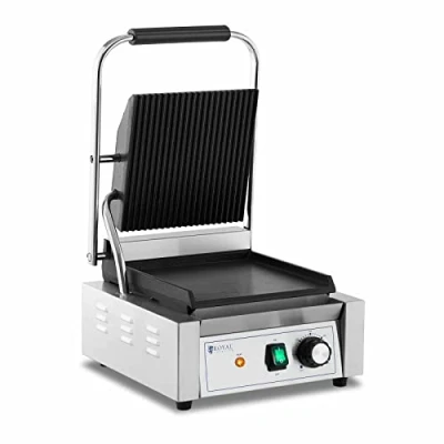 Image of Royal Catering RCPKG 1800 M Contact Grill Ribbed + Flat 1,800 W Panini Sandwich Press (Stainless Steel, Cast Iron, Plate 23 x 22 cm)