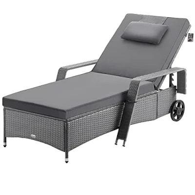 Image of CASARIA® Wheeled Polyrattan Sun Lounger with 7cm Thick Water Repellent Cushion &amp; Pillow Adjustable Backrest 193x90cm 165kg Capacity Outdoor Patio Garden Pool Deck Chair Grey Anthracite